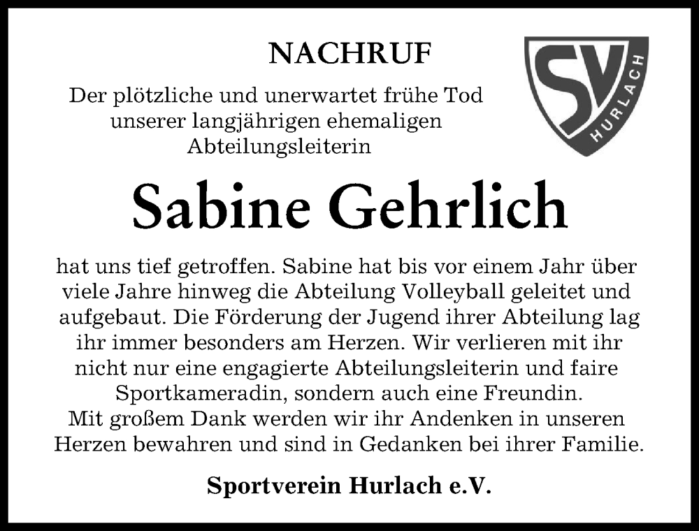 Traueranzeige von Sabine Gehrlich von Landsberger Tagblatt