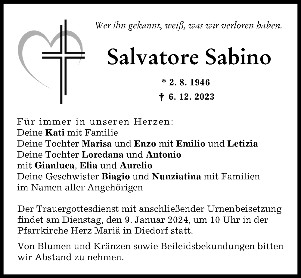 Traueranzeige von Salvatore Sabino von Augsburg-Land