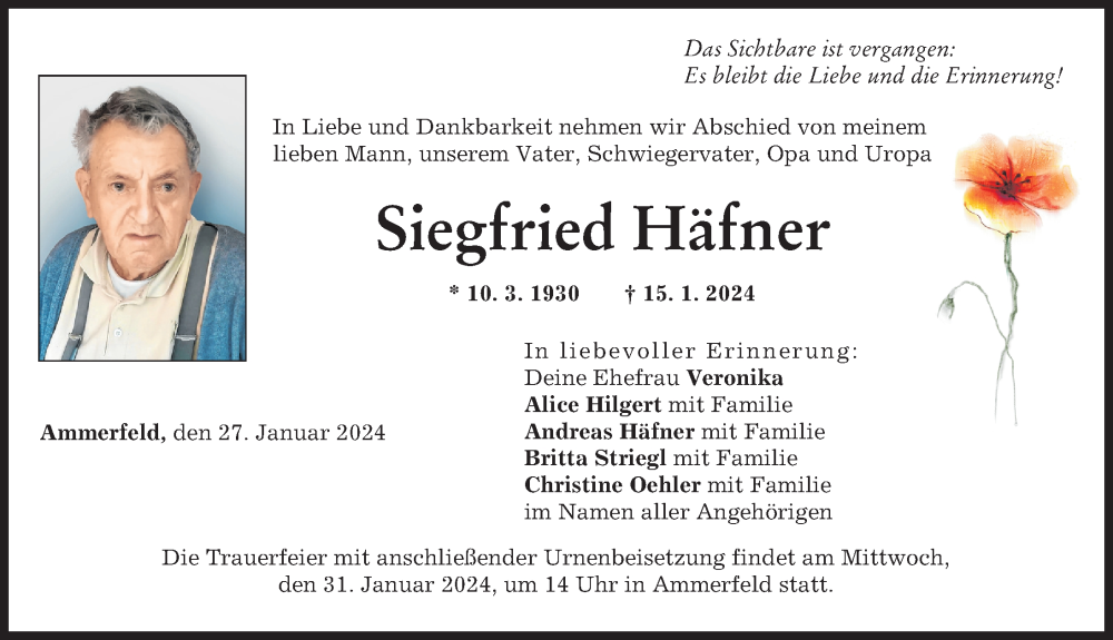 Traueranzeige von Siegfried Häfner von Neuburger Rundschau, Donauwörther Zeitung