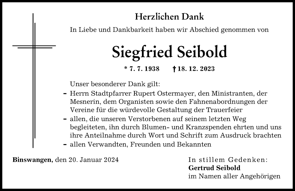 Traueranzeige von Siegfried Seibold von Wertinger Zeitung