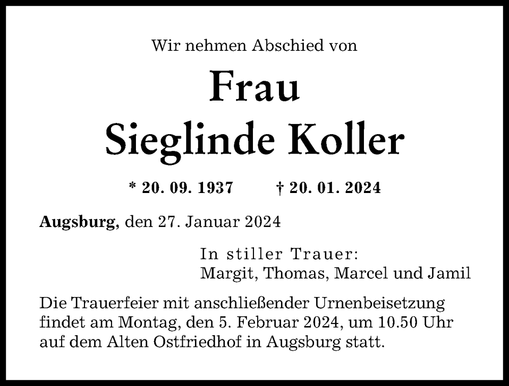 Traueranzeige von Sieglinde Koller von Augsburger Allgemeine