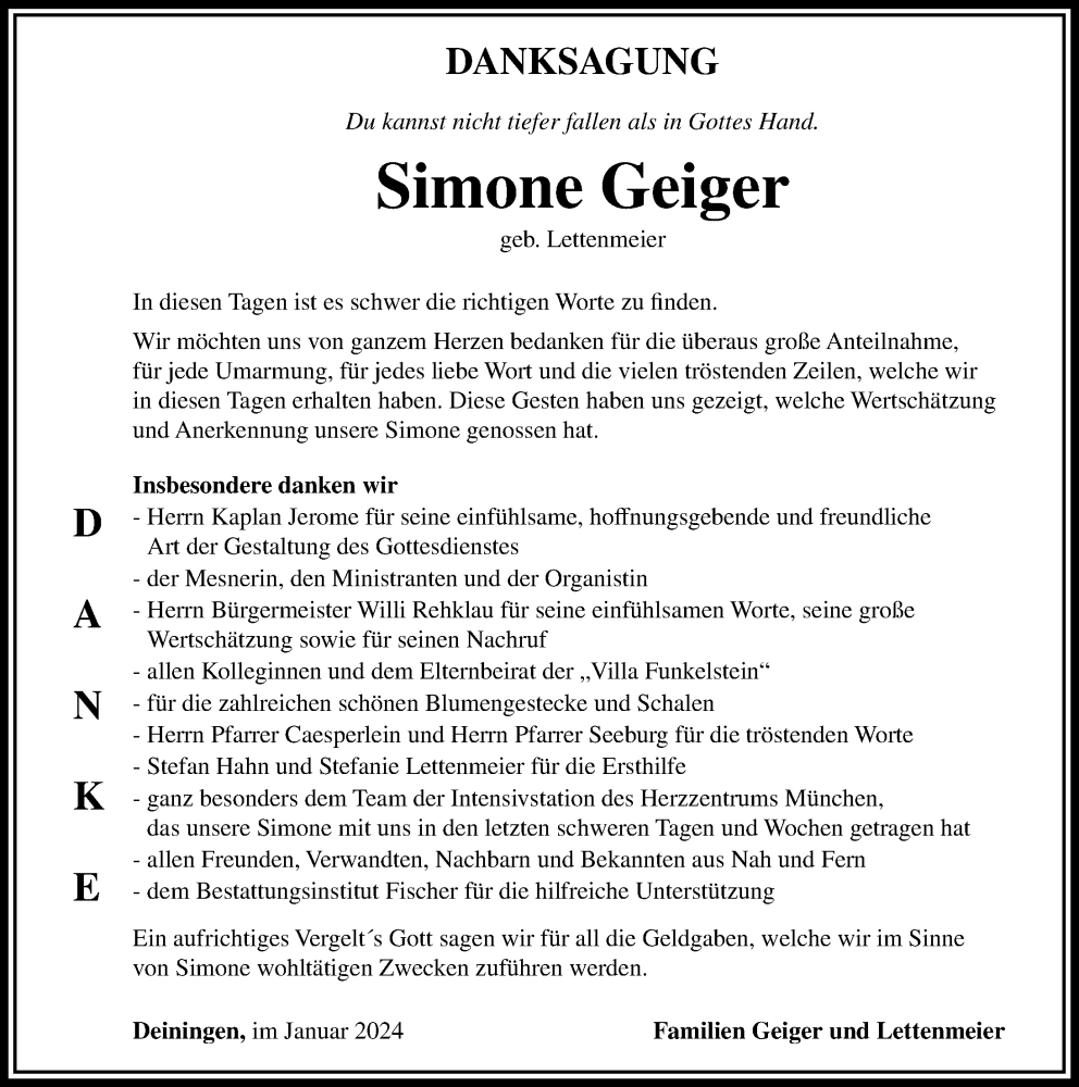 Traueranzeige von Simone Geiger von Rieser Nachrichten