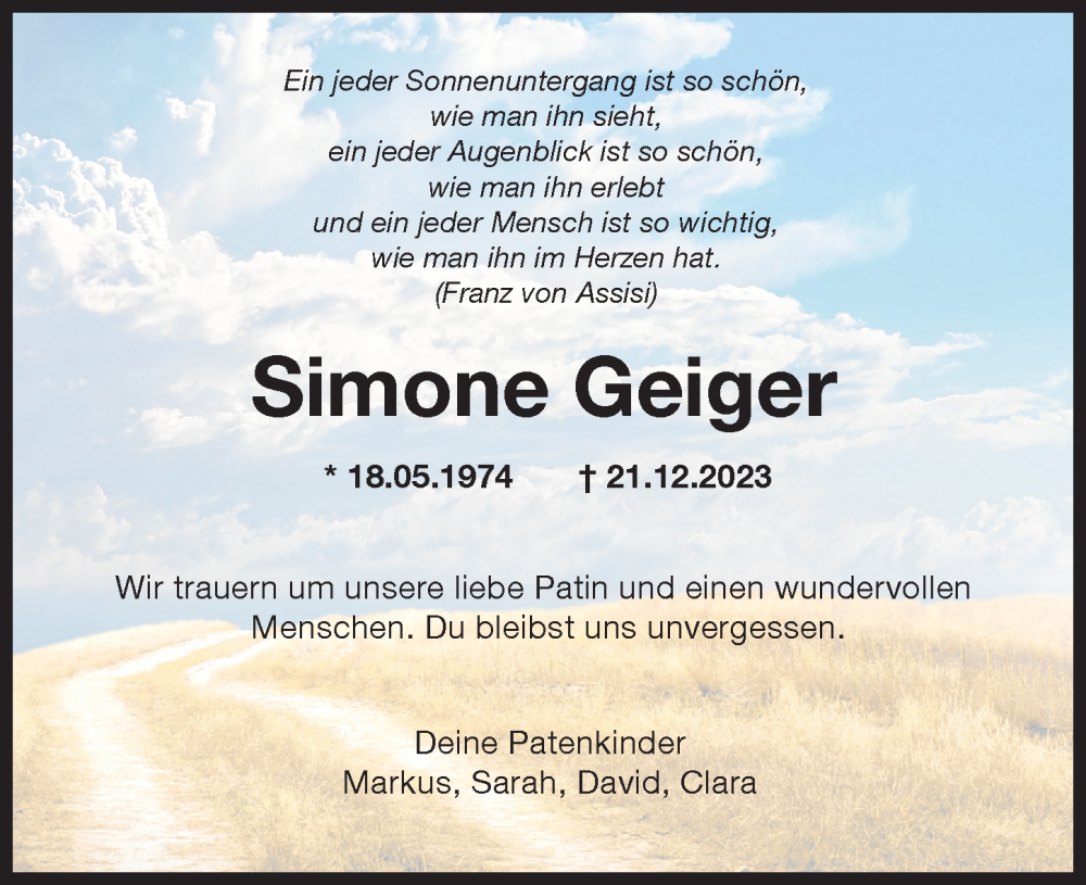 Traueranzeige von Simone Geiger von Rieser Nachrichten