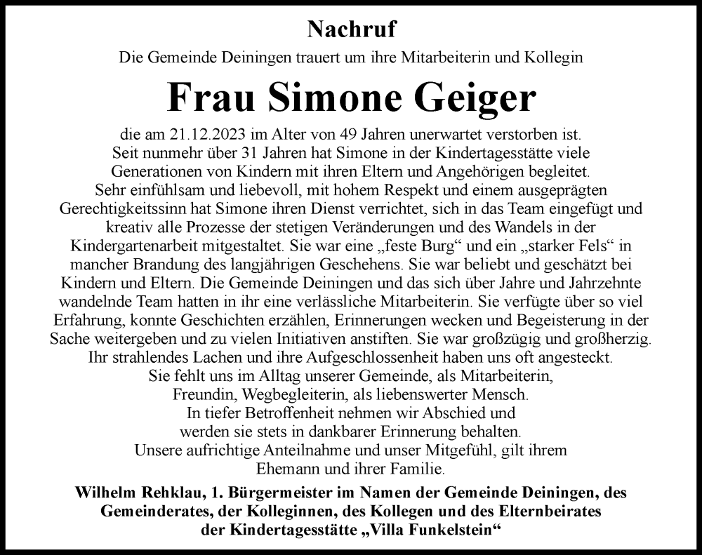 Traueranzeige von Simone Geiger von Rieser Nachrichten