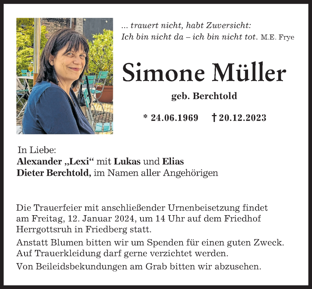 Traueranzeige von Simone Müller von Augsburger Allgemeine