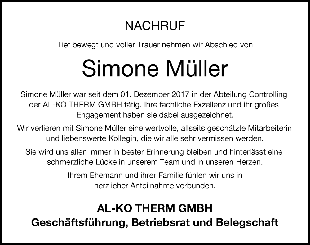 Traueranzeige von Simone Müller von Augsburger Allgemeine