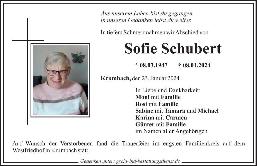 Traueranzeige von Sofie Schubert von Mittelschwäbische Nachrichten