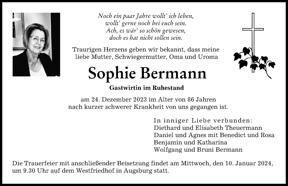 Traueranzeige von Sophie Bermann von Augsburger Allgemeine