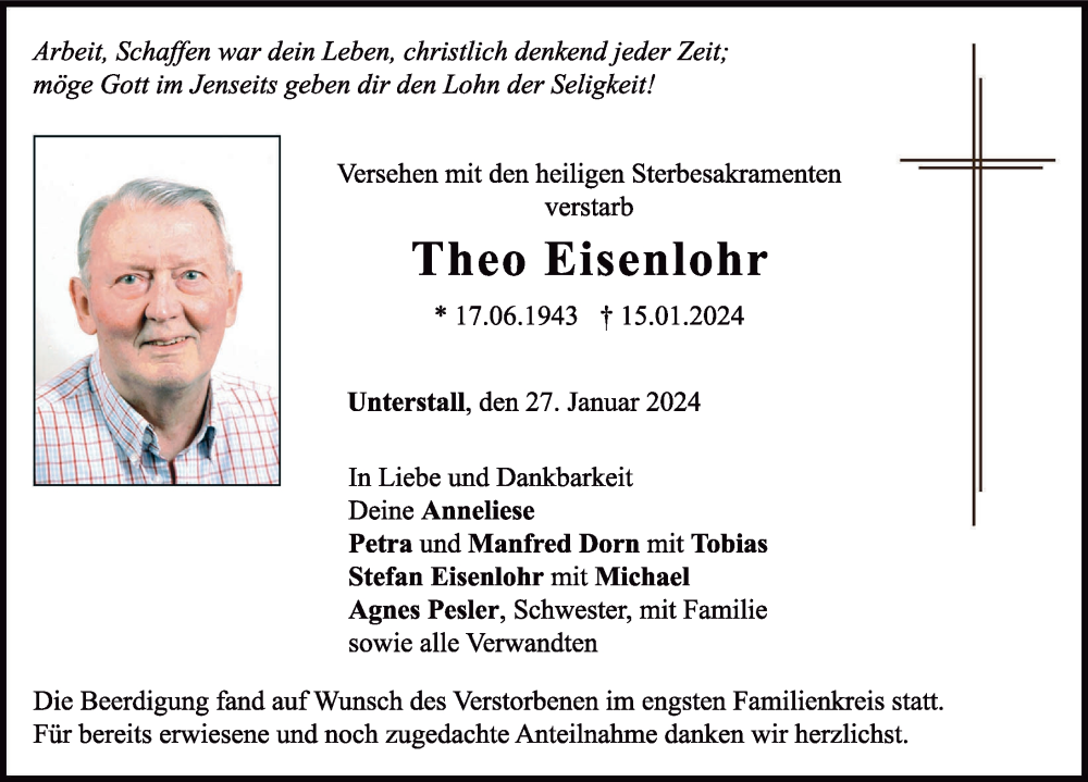 Traueranzeige von Theo Eisenlohr von Neuburger Rundschau