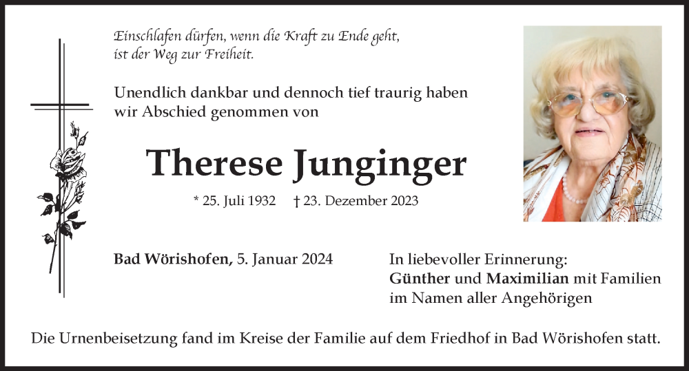 Traueranzeige von Therese Junginger von Mindelheimer Zeitung