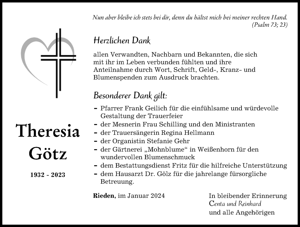  Traueranzeige für Theresia Götz vom 13.01.2024 aus Günzburger Zeitung