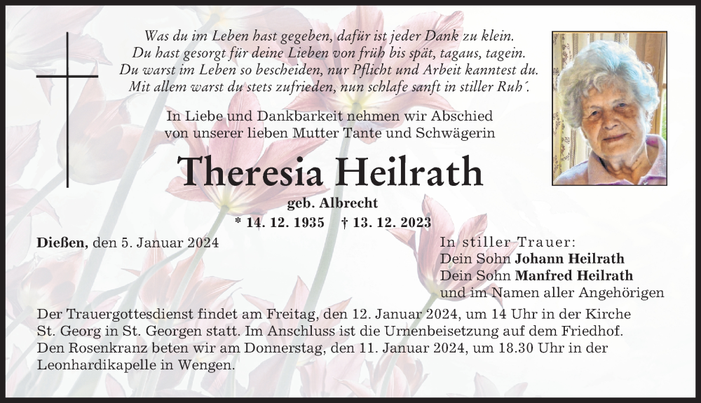 Traueranzeige von Theresia Heilrath von Landsberger Tagblatt, Ammersee Kurier