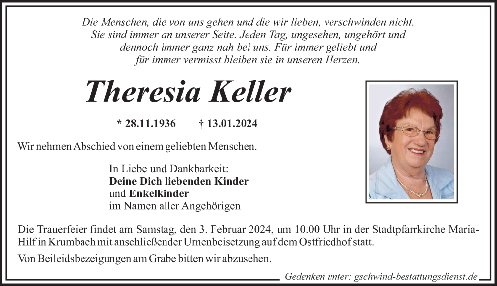 Traueranzeige von Theresia Keller von Mittelschwäbische Nachrichten