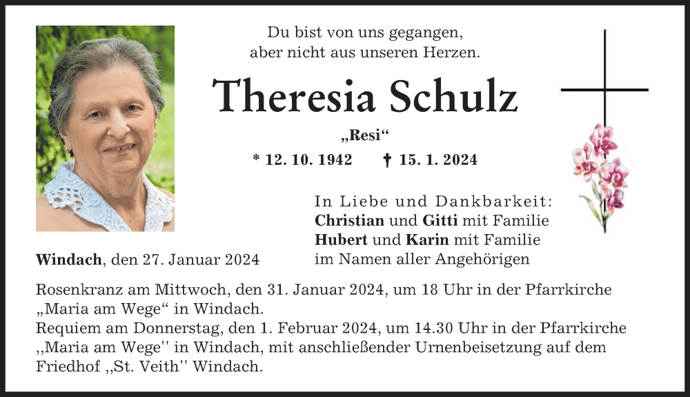 Traueranzeige von Theresia Schulz von Landsberger Tagblatt