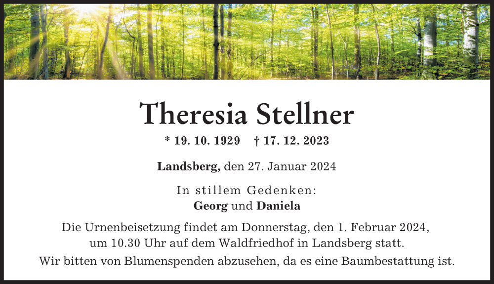 Traueranzeige von Theresia Stellner von Landsberger Tagblatt