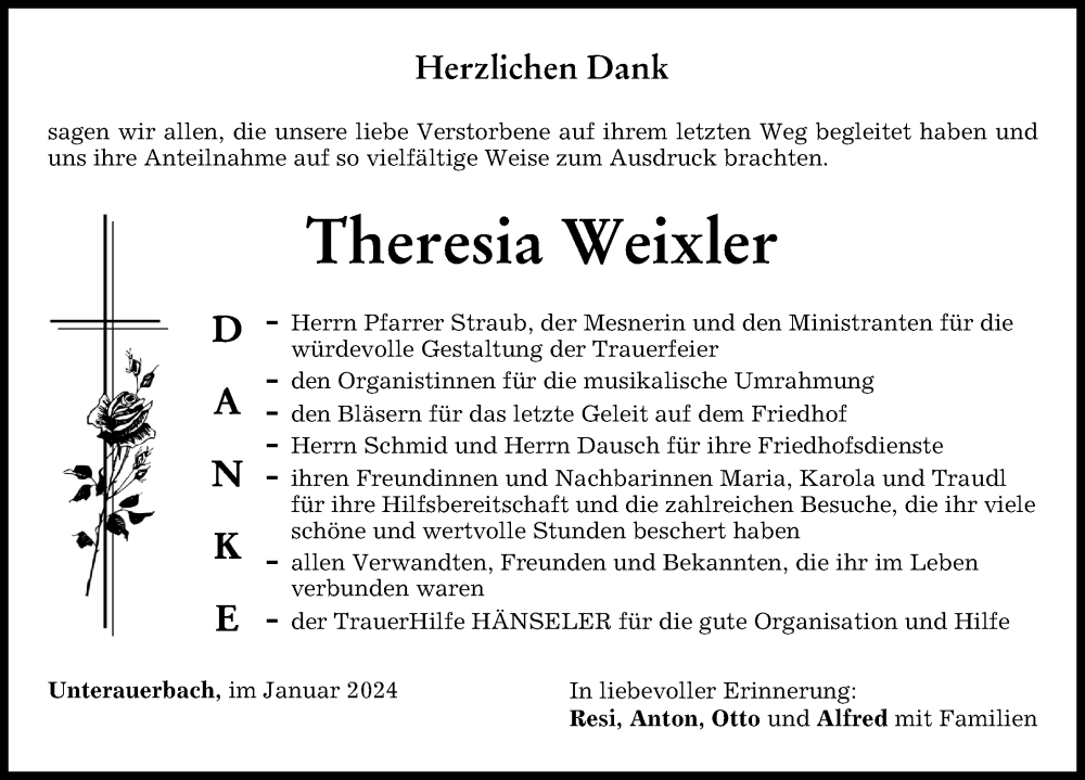  Traueranzeige für Theresia Weixler vom 13.01.2024 aus Mindelheimer Zeitung