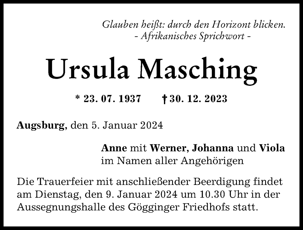 Traueranzeige von Ursula Masching von Augsburger Allgemeine