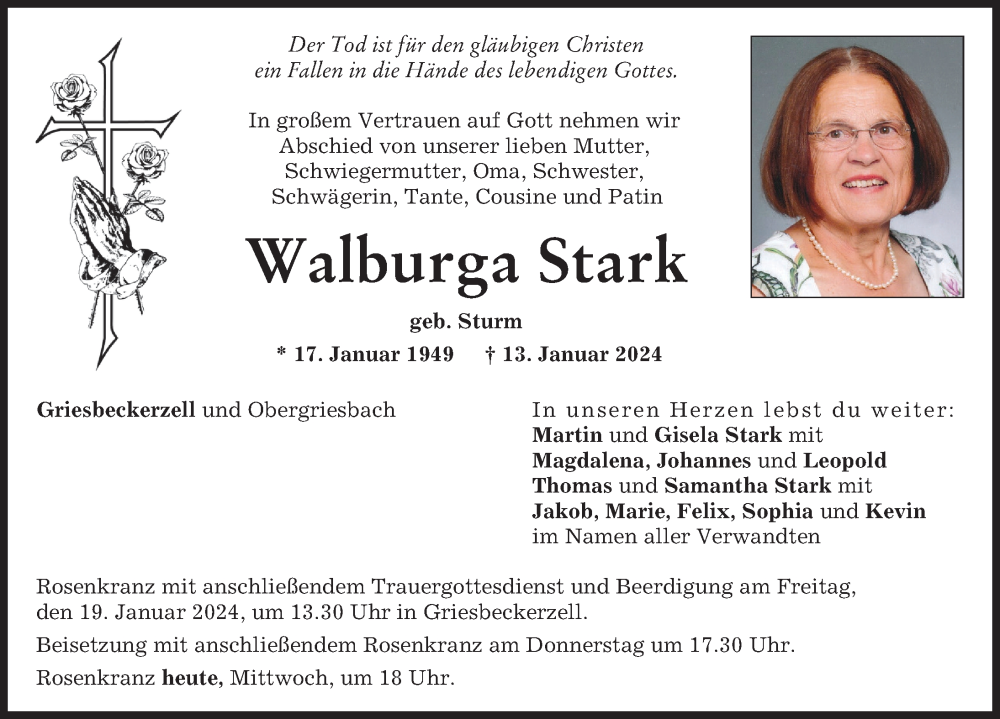 Traueranzeige von Walburga Stark von Aichacher Nachrichten