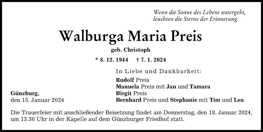Traueranzeige von Walburga Maria Preis von Günzburger Zeitung