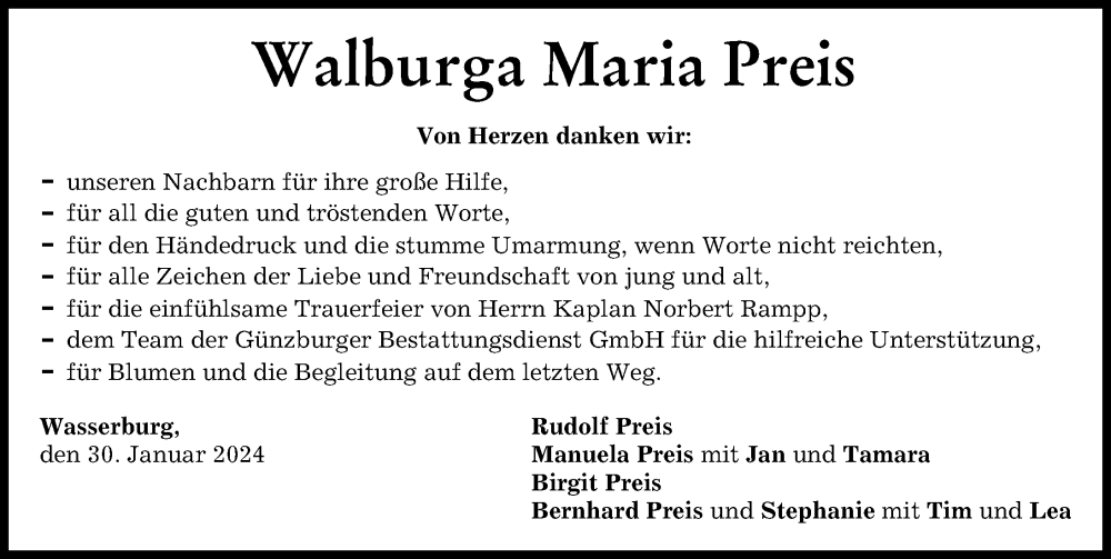 Traueranzeige von Walburga Maria Preis von Günzburger Zeitung