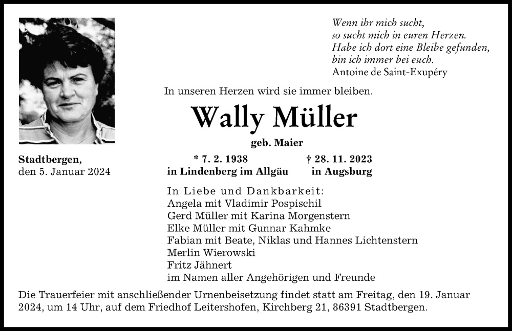 Traueranzeige von Wally Müller von Augsburger Allgemeine