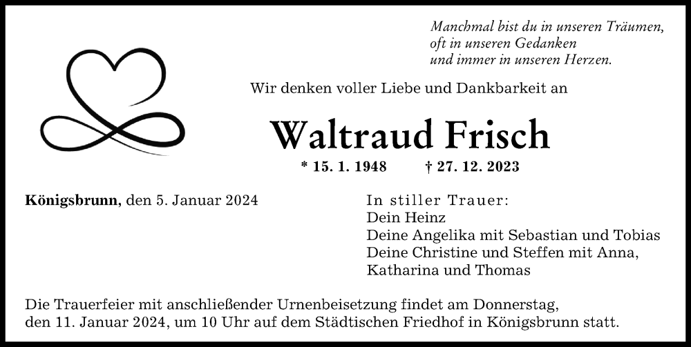 Traueranzeige von Waltraud Frisch von Augsburger Allgemeine