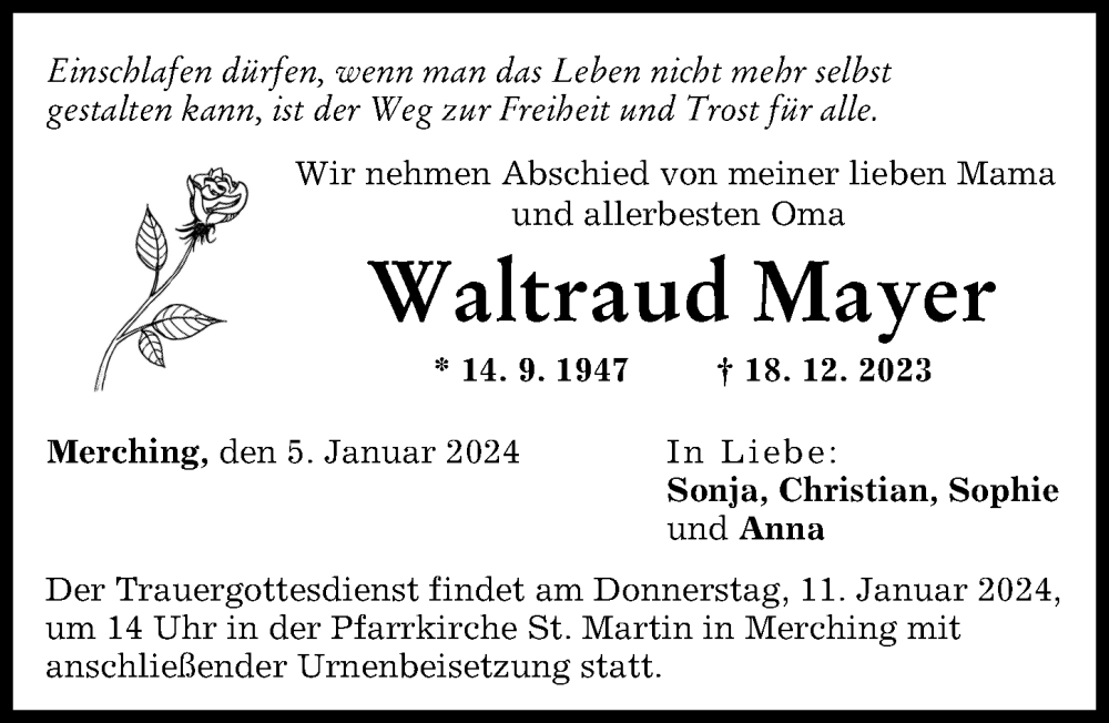 Traueranzeige von Waltraud Mayer von Friedberger Allgemeine