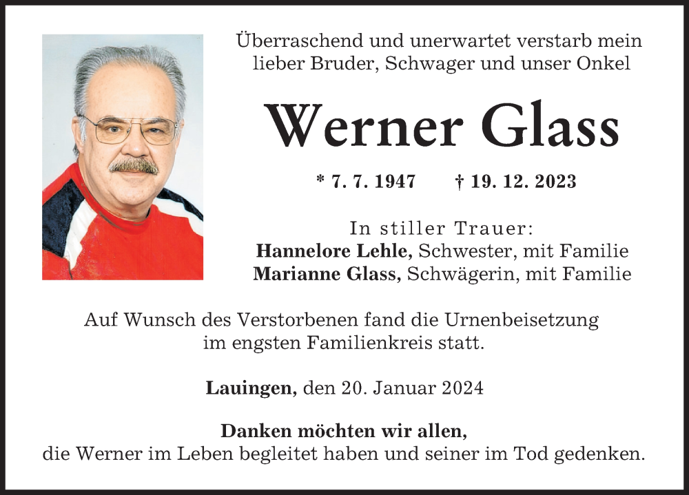 Traueranzeige von Werner Glass von Donau Zeitung