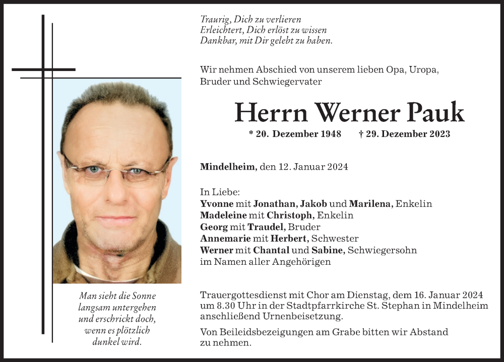 Traueranzeige von Werner Pauk von Mindelheimer Zeitung