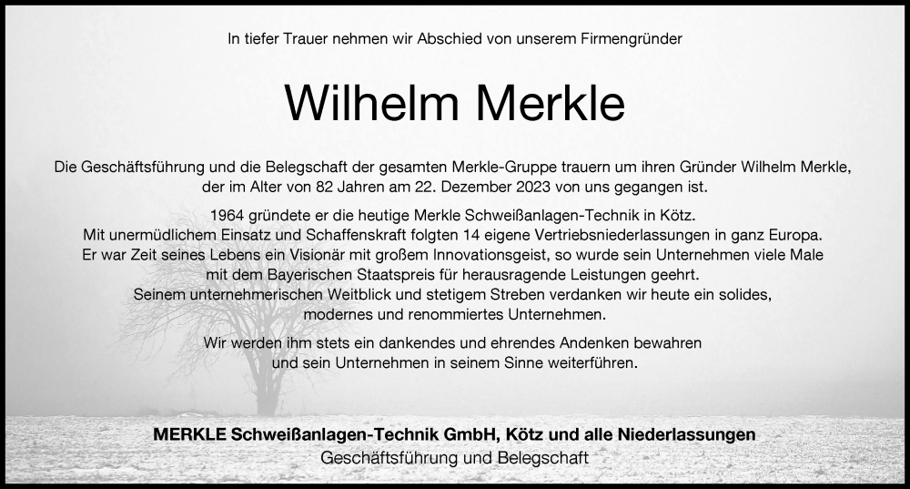 Traueranzeige von Wilhelm Merkle von Günzburger Zeitung