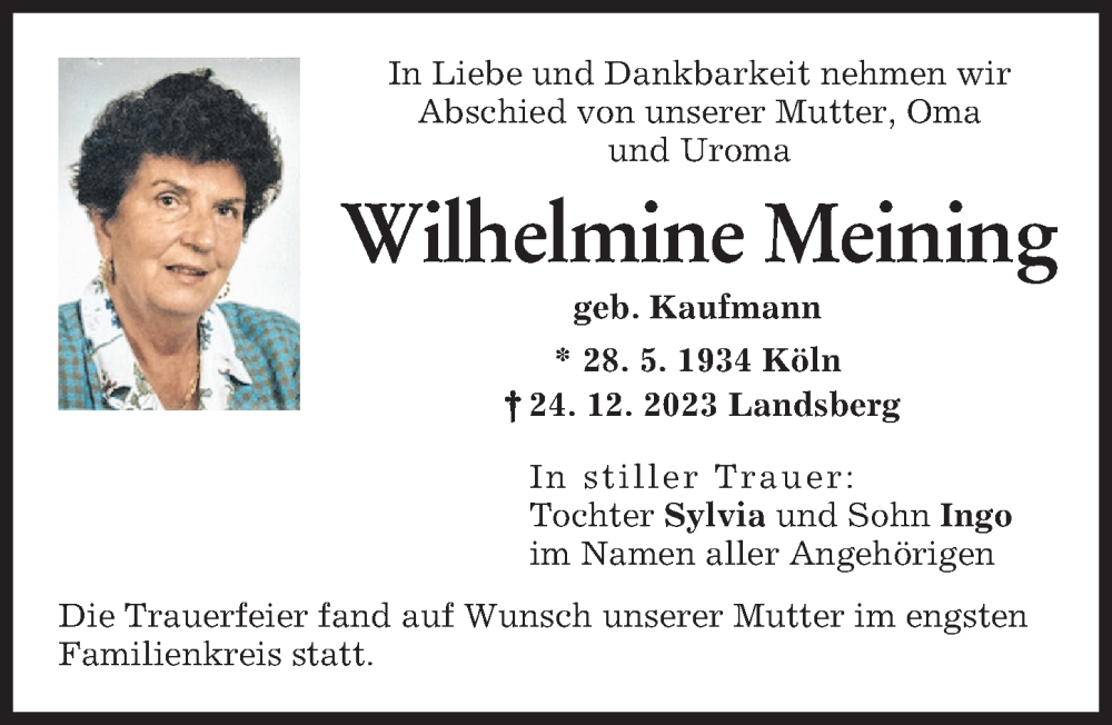 Traueranzeige von Wilhelmine Meining von Landsberger Tagblatt