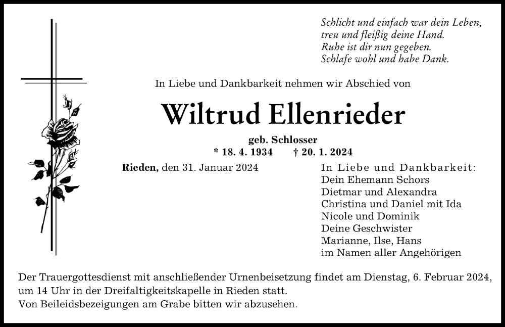 Traueranzeige von Wiltrud Ellenrieder von Günzburger Zeitung
