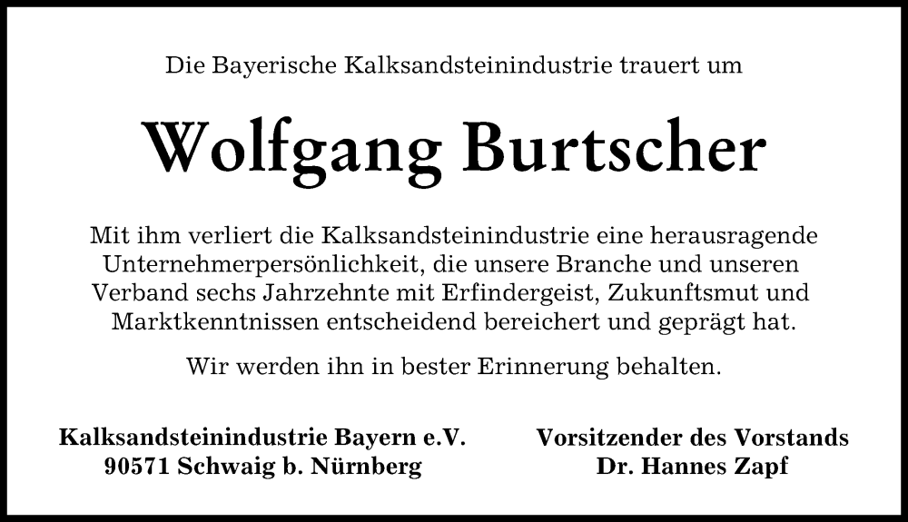 Traueranzeige von Wolfgang Burtscher von Donauwörther Zeitung