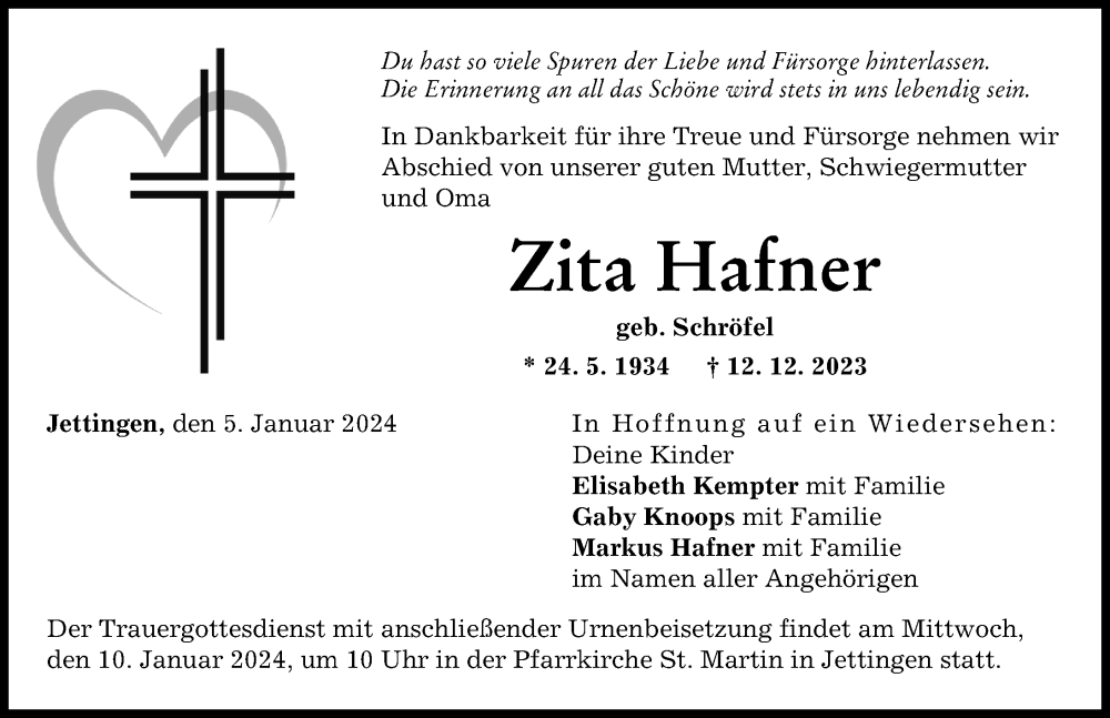 Traueranzeige von Zita Hafner von Günzburger Zeitung