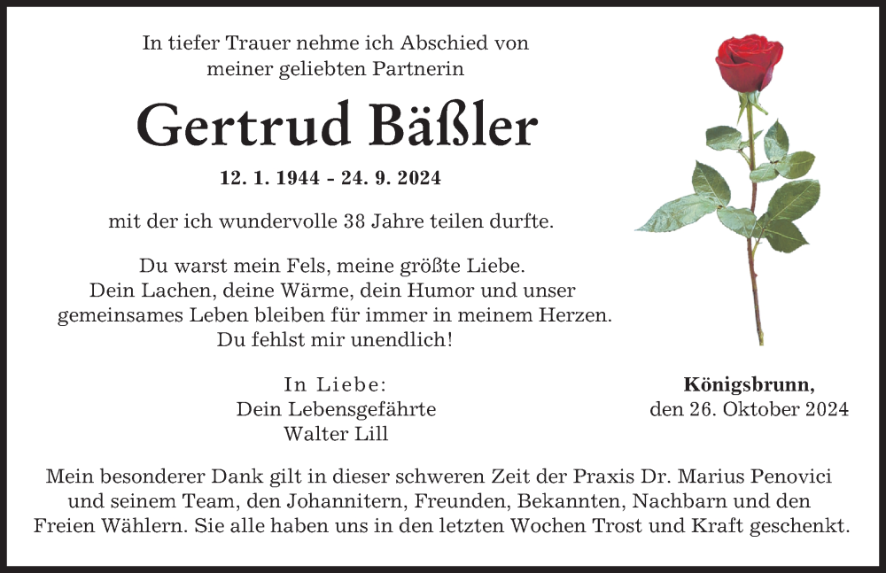 Traueranzeige von Gertrud Bäßler von Augsburger Allgemeine