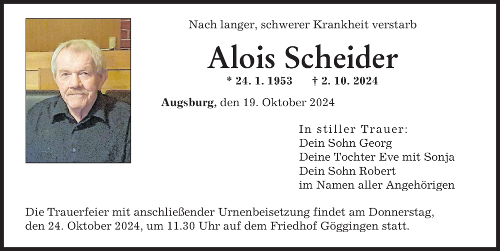 Traueranzeige von Alois Scheider von Augsburger Allgemeine