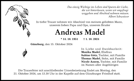 Traueranzeige von Andreas Madel von Günzburger Zeitung