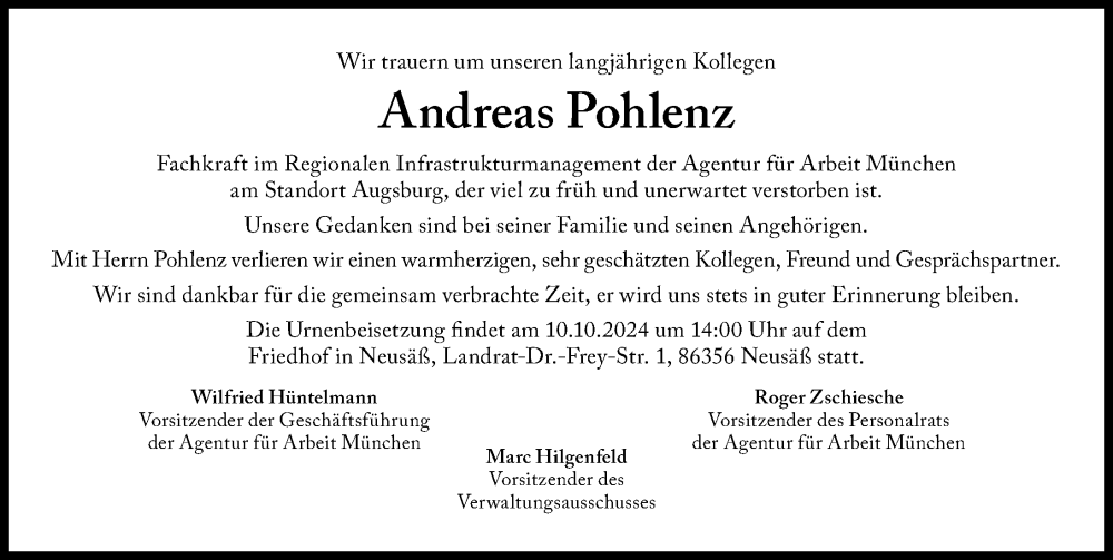  Traueranzeige für Andreas Pohlenz vom 09.10.2024 aus Augsburger Allgemeine