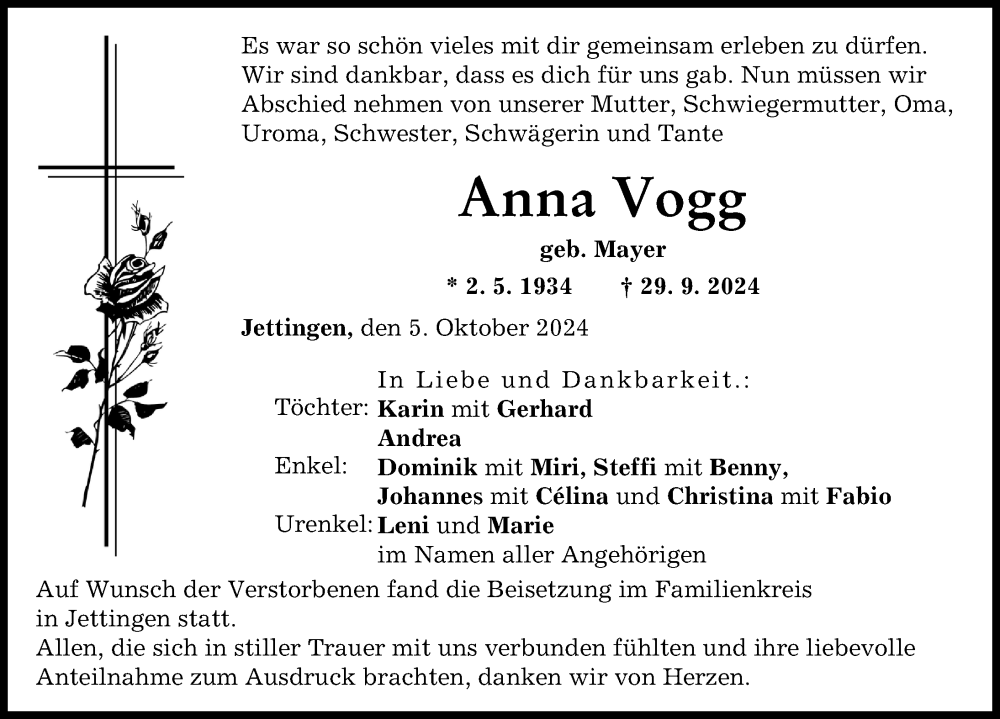 Traueranzeige von Anna Vogg von Günzburger Zeitung