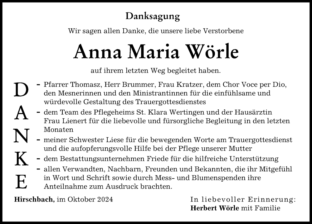 Traueranzeige von Anna Maria Wörle von Wertinger Zeitung