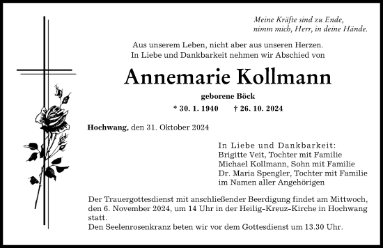 Traueranzeige von Annemarie Kollmann von Günzburger Zeitung