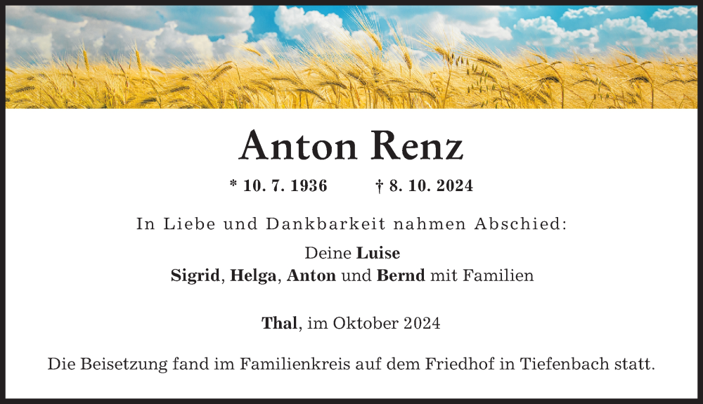 Traueranzeige von Anton Renz von Neu-Ulmer Zeitung