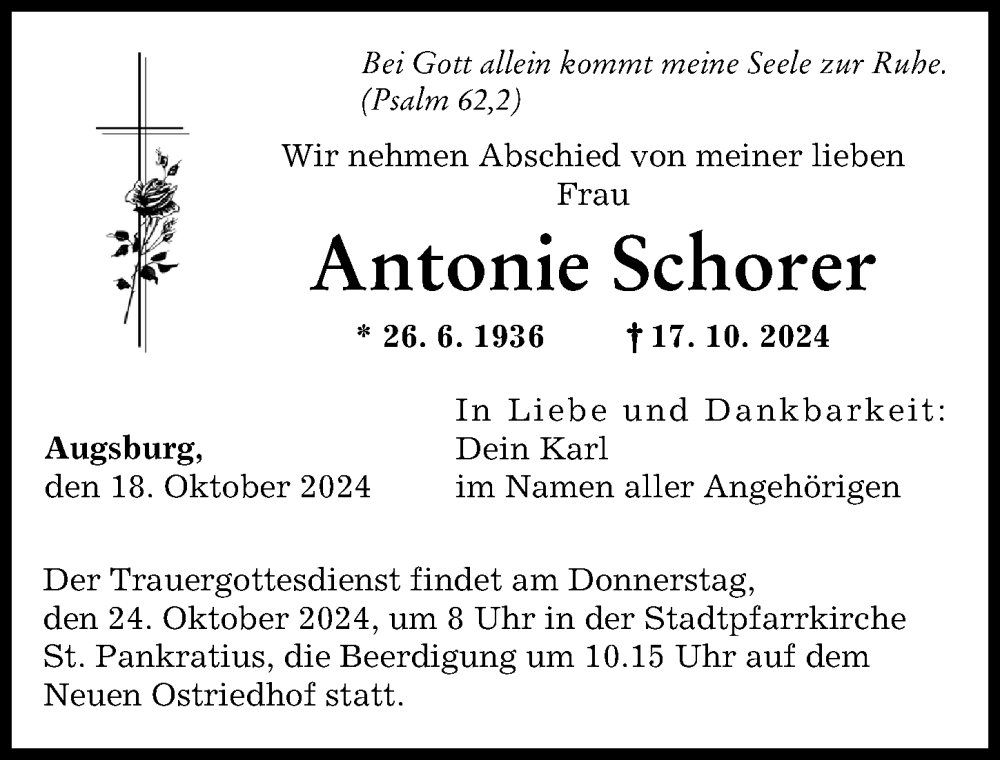 Traueranzeige von Antonie Schorer von Augsburger Allgemeine