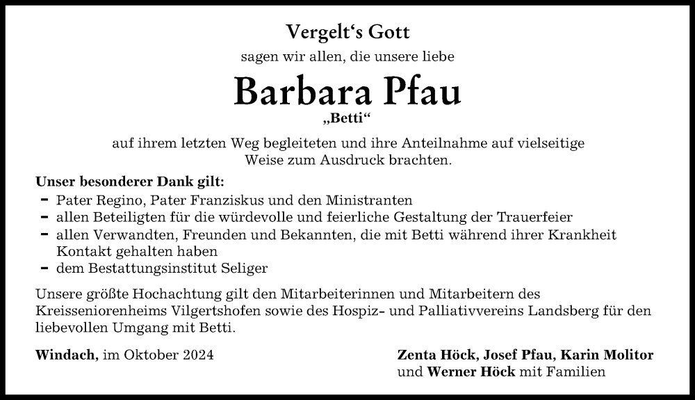 Traueranzeige von Barbara Pfau von Landsberger Tagblatt