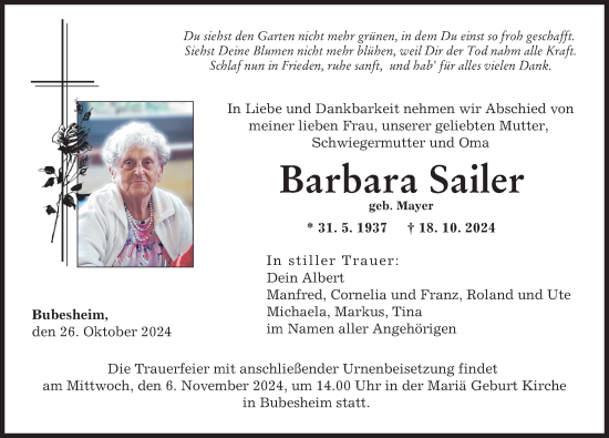 Traueranzeige von Barbara Sailer von Günzburger Zeitung