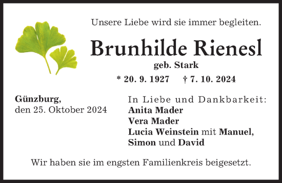 Traueranzeige von Brunhilde Rienesl von Günzburger Zeitung