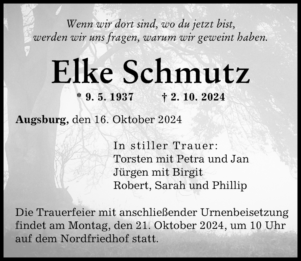 Traueranzeige von Elke Schmutz von Augsburger Allgemeine