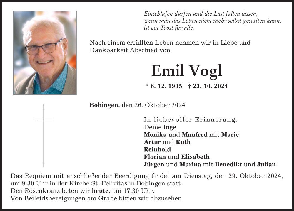 Traueranzeige von Emil Vogl von Schwabmünchner Allgemeine