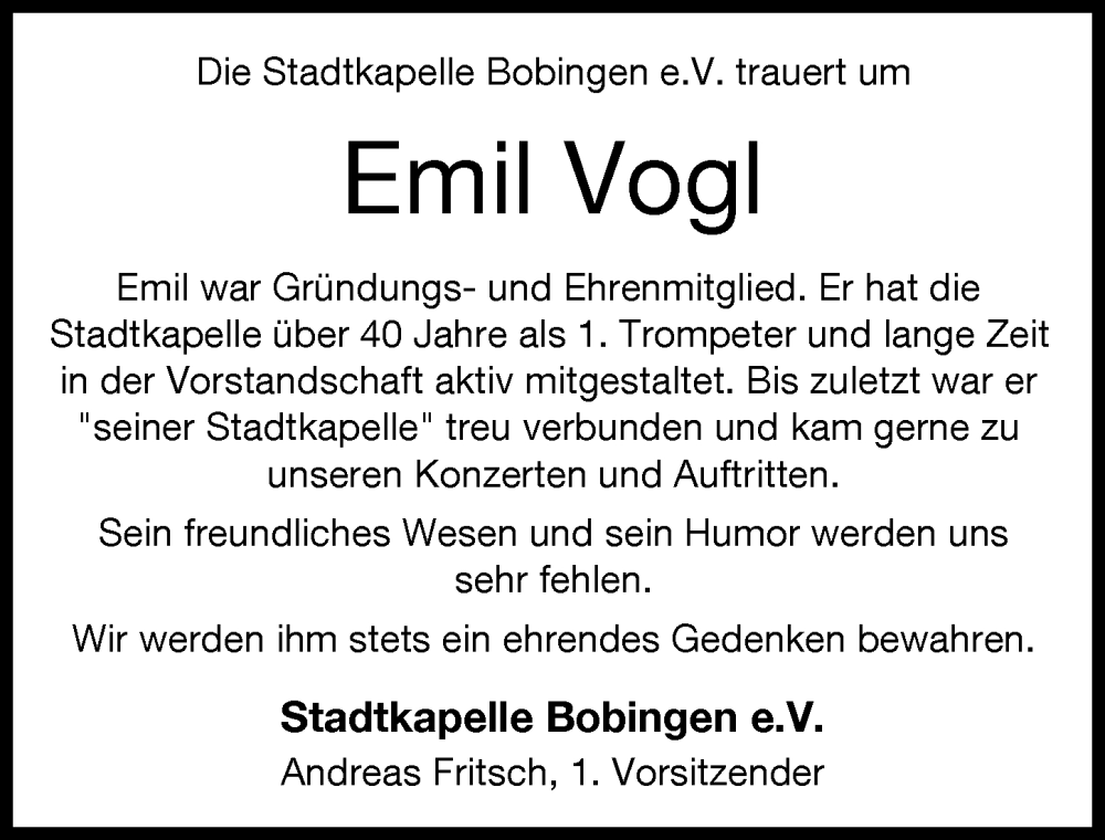 Traueranzeige von Emil Vogl von Schwabmünchner Allgemeine