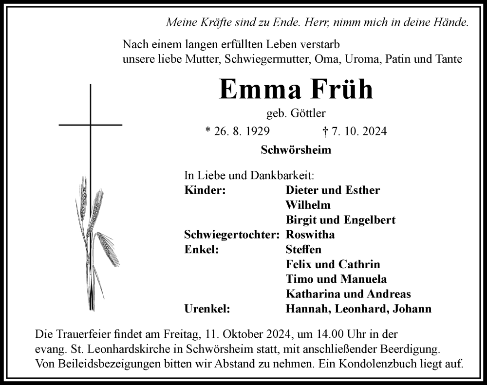 Traueranzeige von Emma Früh von Rieser Nachrichten